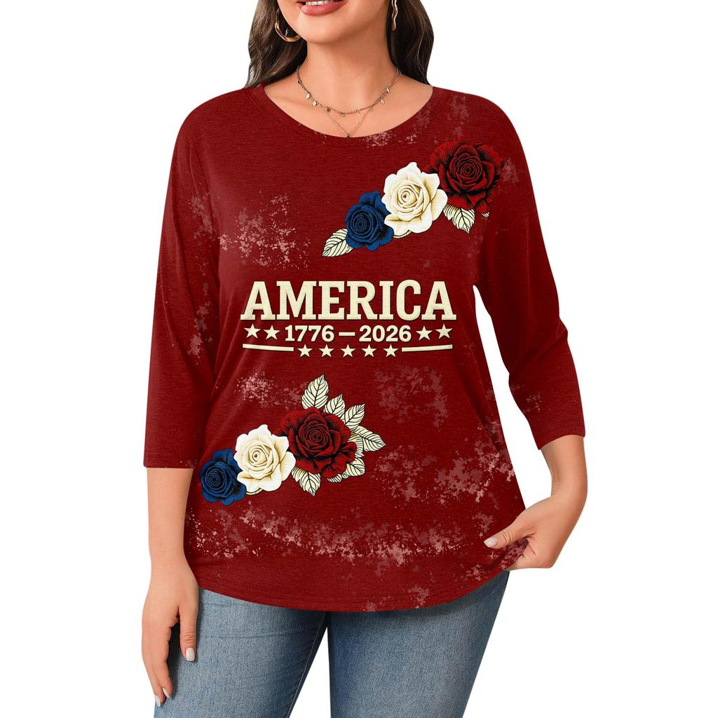 Damen Rundhals 3/4 Ärmel Bedrucktes Oberteil in Übergröße