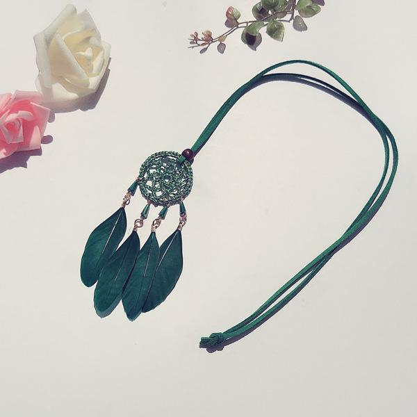 Ethnic Dream Catcher Necklace: Adjustable Velvet Choker with Crystal, Feather, and Clavicle Charms