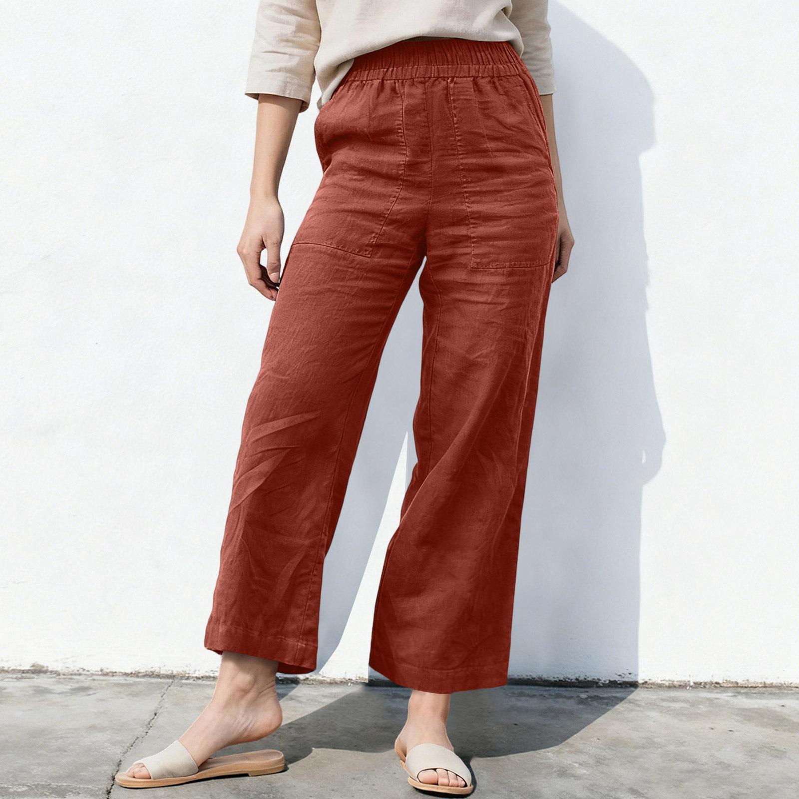 Linen Pants For Women Drawstring Elastic Waist Pants Casual Loose Trousers With Pockets S