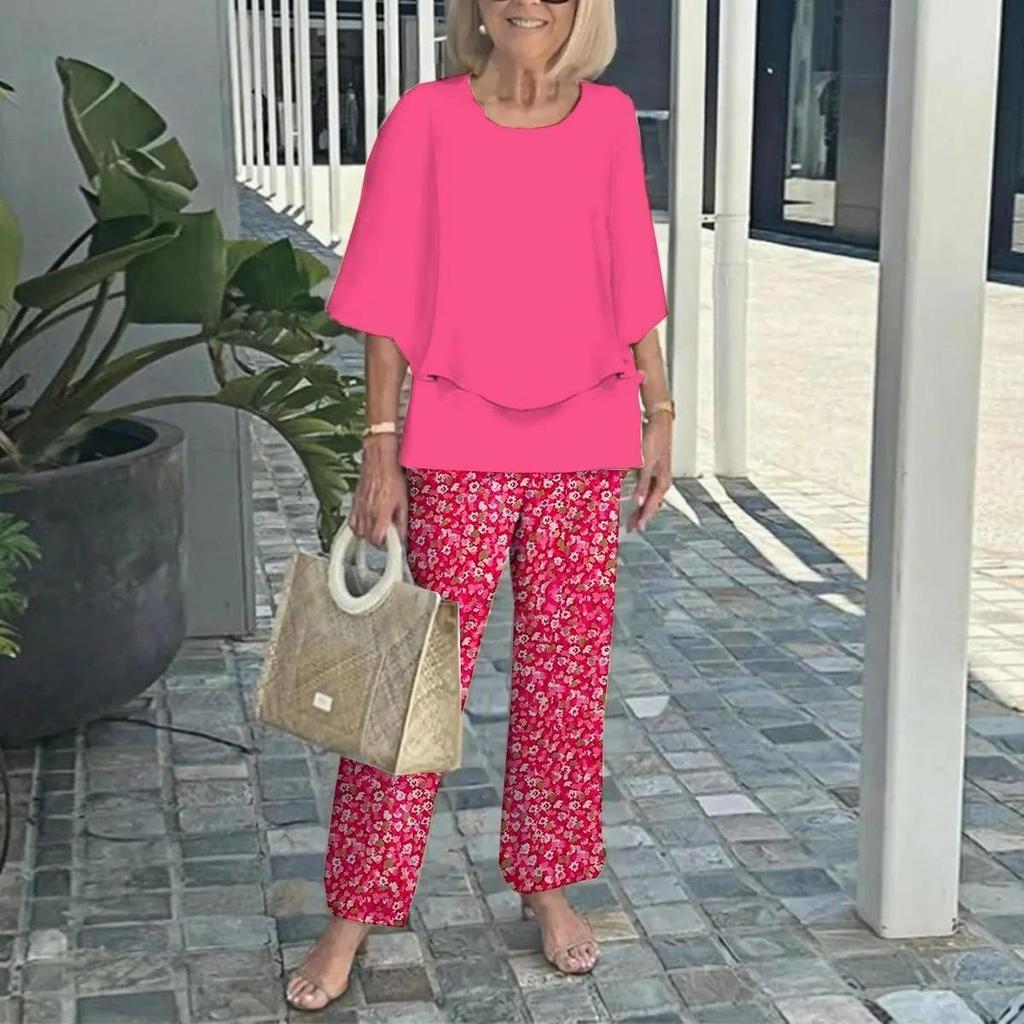 Women's Green Loose Fit Top with Leaf Print Pants Set, Casual Summer Outfit with Straw Bag