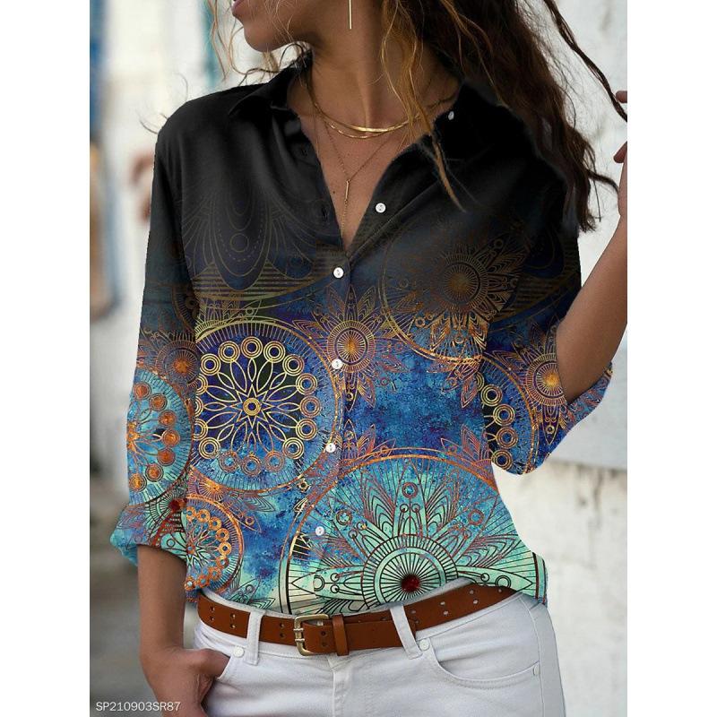 2024 new women's fashion lapel long-sleeved shirt 3d printed floral print casual shirt female versatile fashion