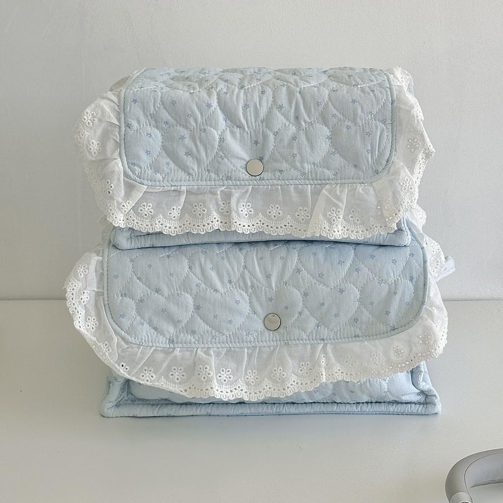 Button Closure Cotton Quilted Storage Basket Lace Edge Fabric Storage Basket Dresser