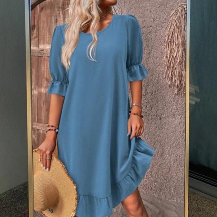 Summer Loose A-line Midi Dress for Women Solid Color Big Swing Ruffle Patchwork O Neck Pullover Knee Length Mid Sleeves Dress