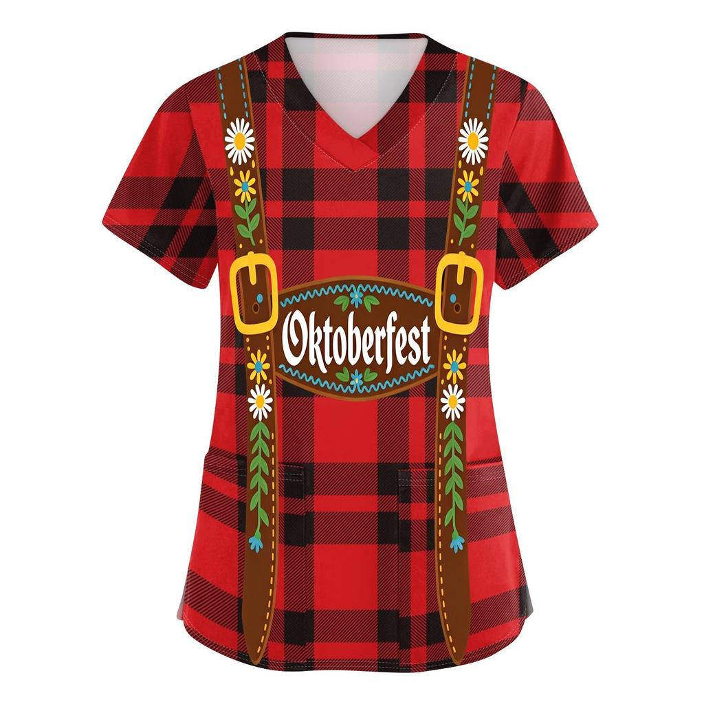 Women's V Neck Short Sleeve Work Shirt with Pockets Oktoberfest Print Lightweight Comfortable Fit Casual Top for Healthcare and Service Staff