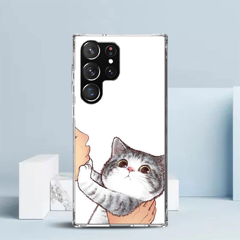 Kiss Lovely Cat Kitten Phone Case For Samsung Galaxy S24 S25 Edge S26 Ultra S22 S23 Plus S21 + S20 FE Soft TPU Back Cover Galaxy
