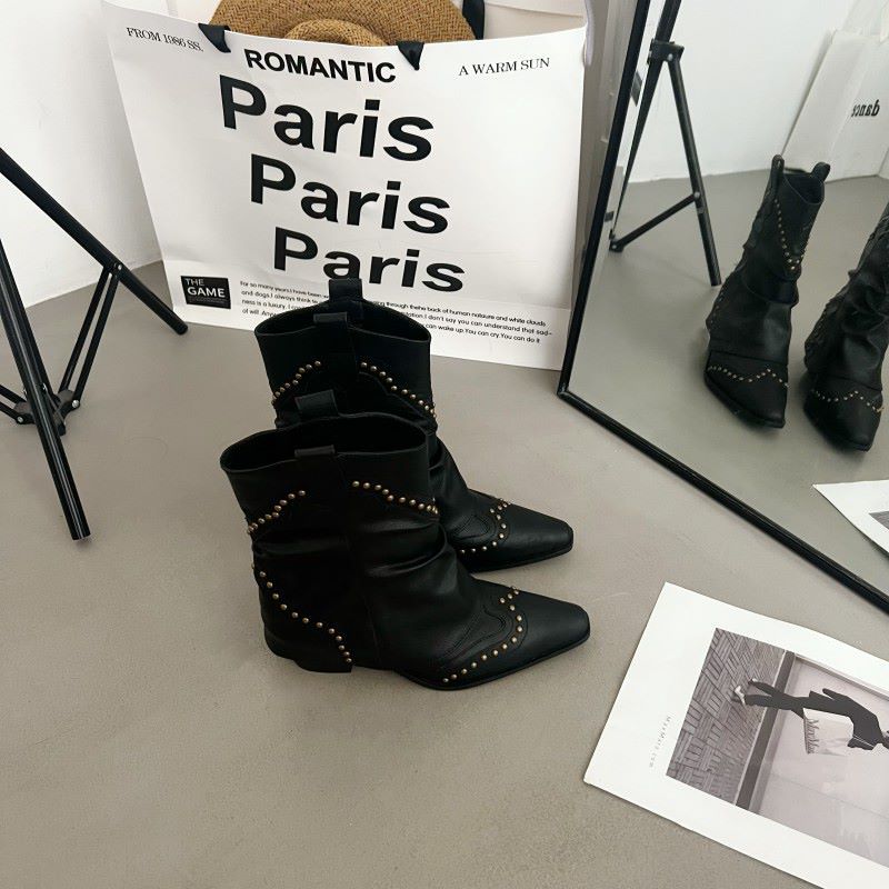 

Лето 2025 Новые Винтажные Остроносые Ковбойские Сапоги Женские Коричневые Сапоги-Брюки с Заклепками Универсальные Модные Сапоги на Толстом Каблуке 40