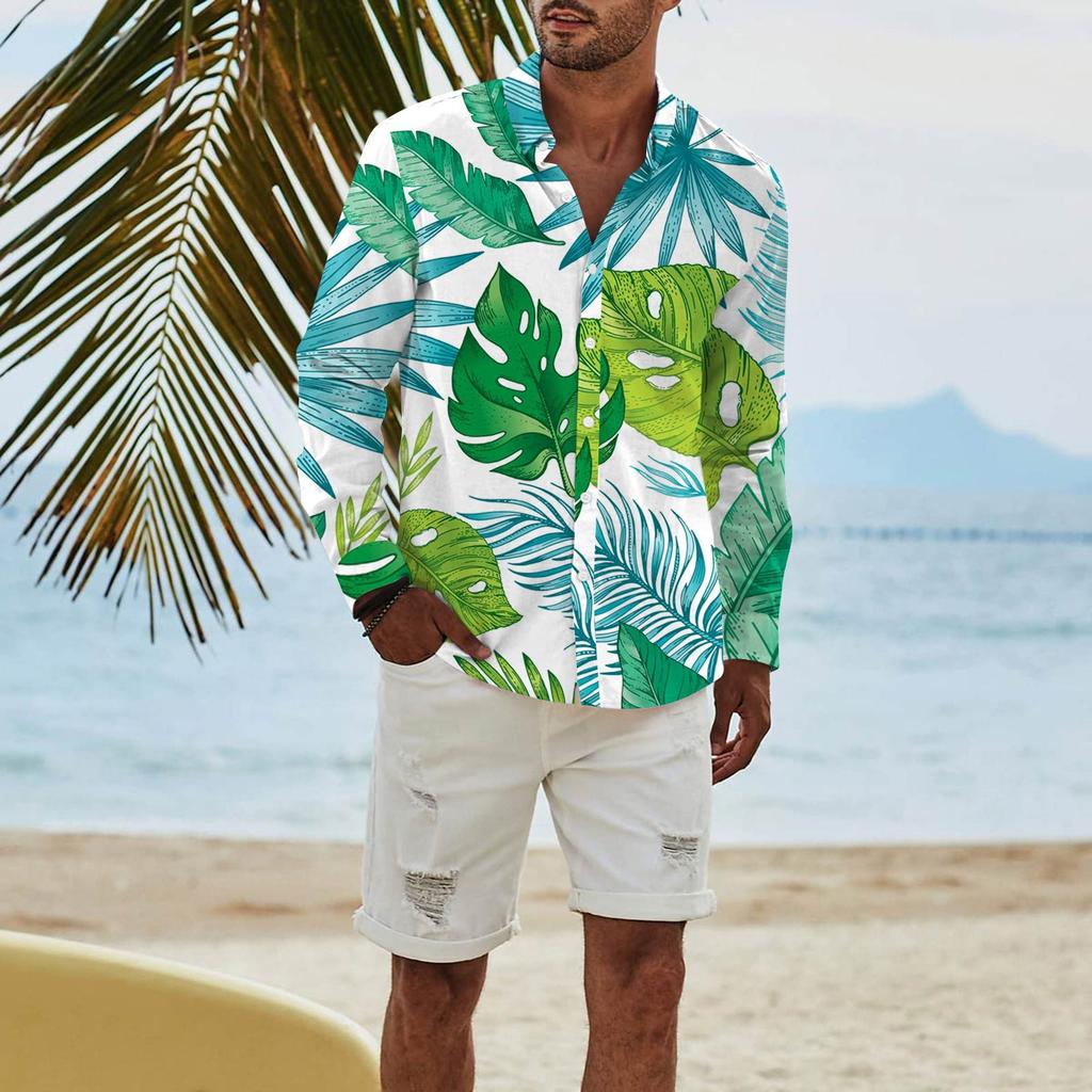 Men's Fashion Long Sleeve Printed Casual T Shirt Button Regular Fit Shirt Top