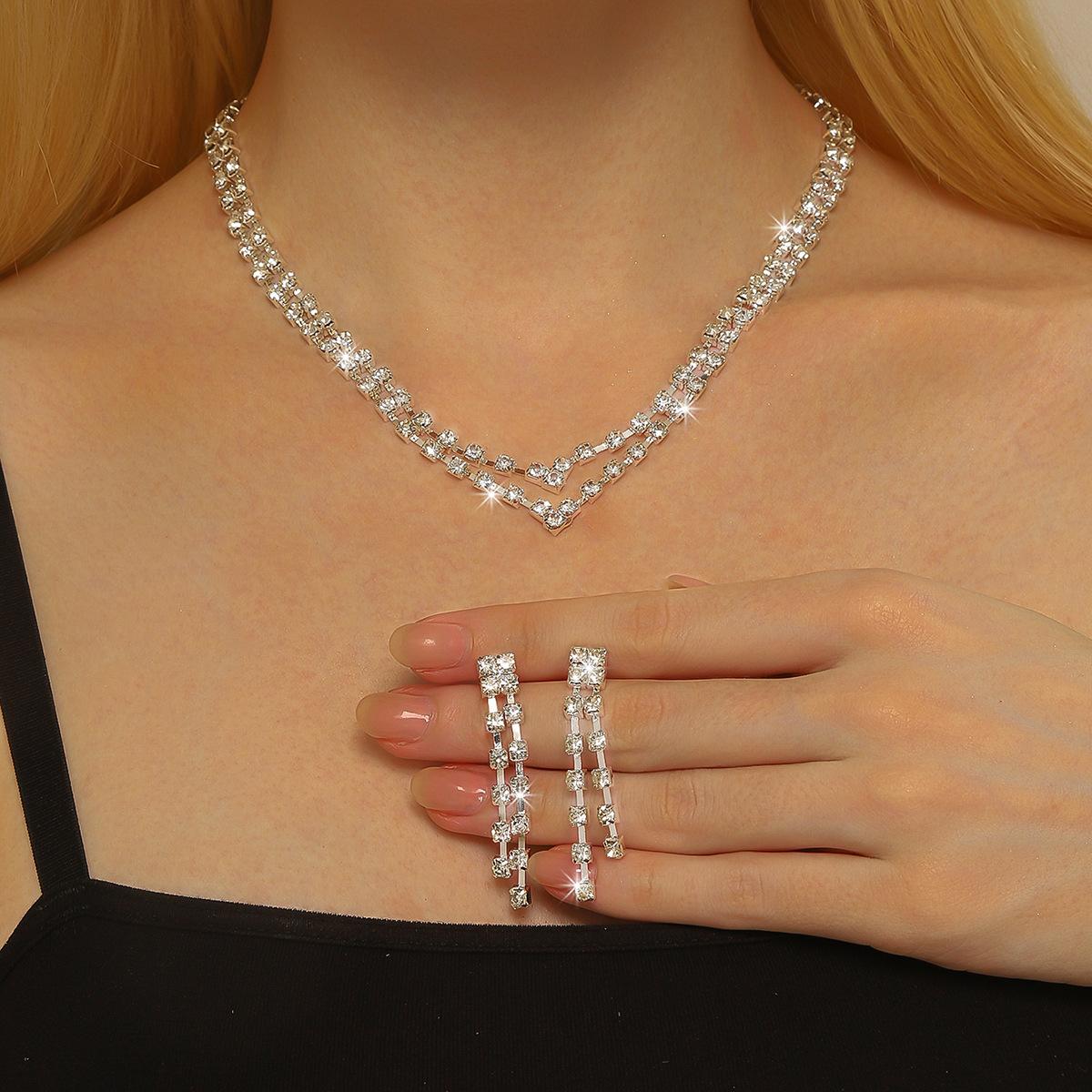 Бриллиантовое сверкающее ожерелье и серьги, комплект из двух предметов, аксессуары для свадебного платья, набор модной бижутерии