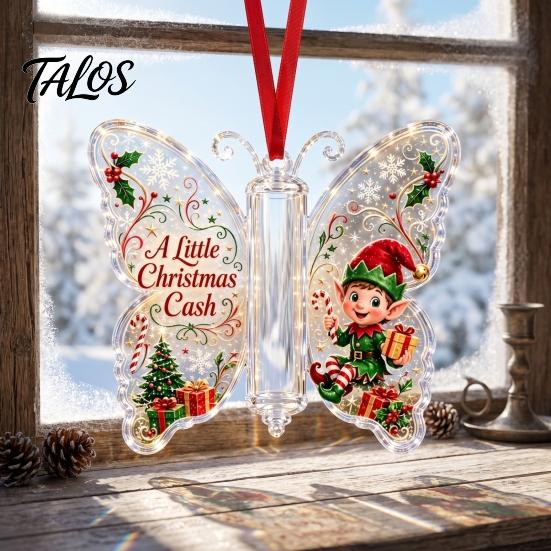 Santa Claus Ornament Christmas Cash Gift Ornament, Acrylic Butterfly Money Holder with Built‑in Unique Gifts Clear Compartment, Holiday Hanging for