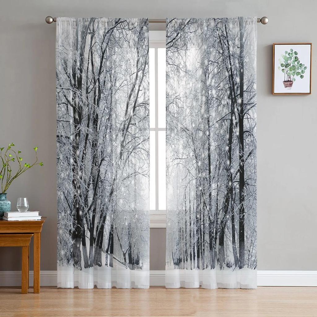 Winter Forest Tree Snowflake Semi Curtains Living Room Snowy Landscape Print Tulle Curtain Drapes Window Treatments Sheer Polyester Great Treatment