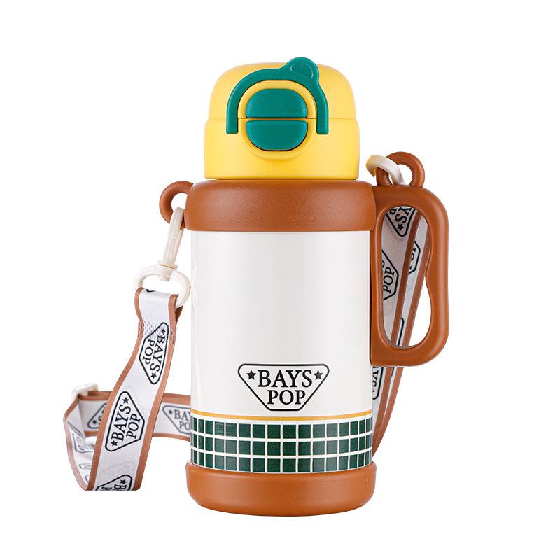 Double-layer vacuum thermal insulation water cup, cute children's thermos cup, portable strap, handle, double drinking pot.