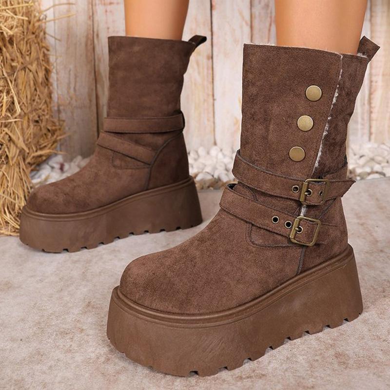 Fashion Brown Chunky Platform Women's Snow Boots Winter Retro Button Buckle Detor Snow Boots Woman Faux Suede Keep Warm Botas Mujer