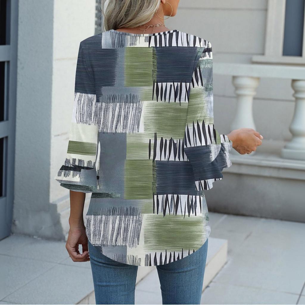 3/4 Sleeve Tops For Women T-Shirt Casual Flared Sleeves Print Tunic V Neck Pullover Blouse