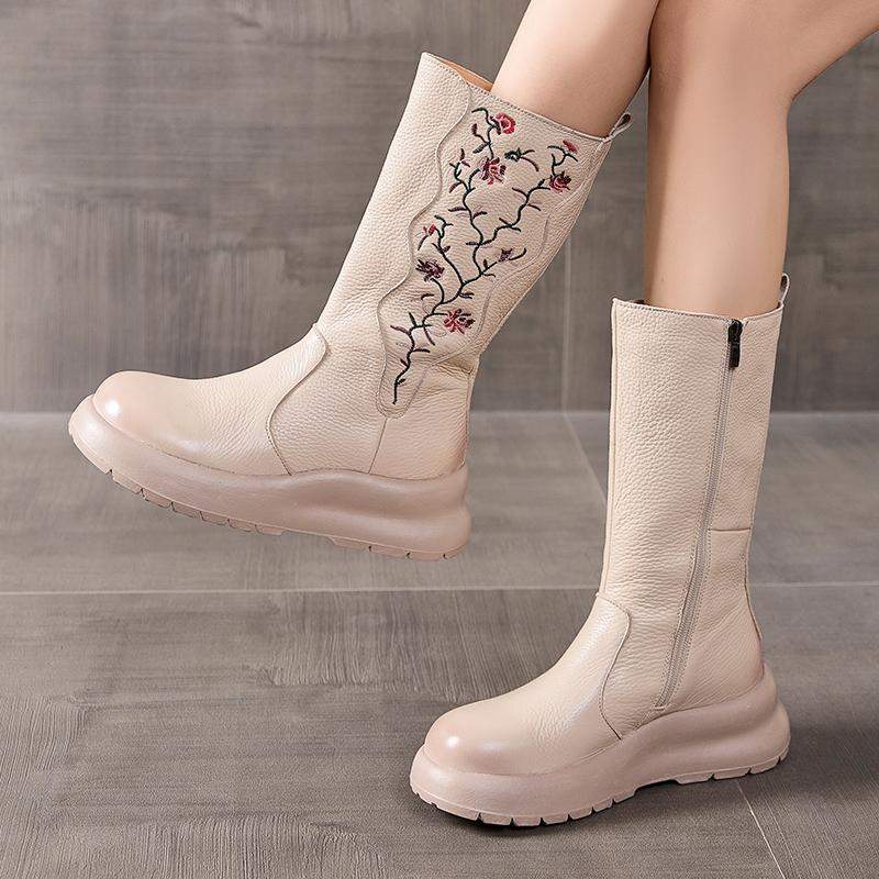 Fashion GKTINOO Embroidery Genuine Leather Women's Long Boots Handmade Thick Sole Booties Wedges Women's Shoes Platform Mid-Calf Boots