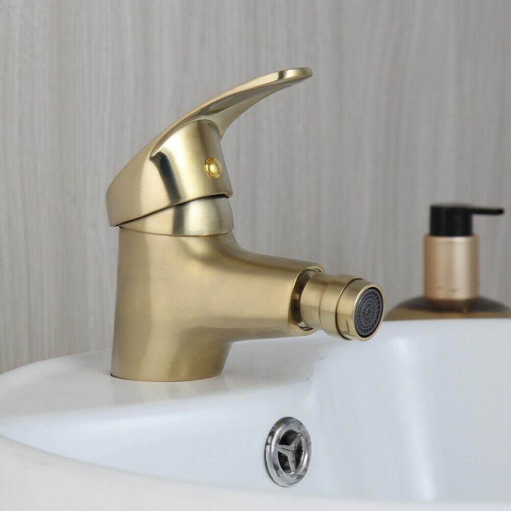 Brushed Gold Stainless Steel Single Hole Ceramic Bathroom Bidet Faucet Wash Basin Sink Mixer Tap Waterfall Spout Hot & Cold