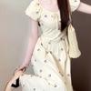 Temperament thin floral long dress summer new printed French bow bubble sleeve waist dress