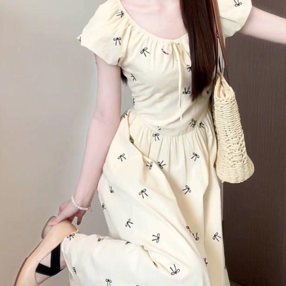Temperament thin floral long dress summer new printed French bow bubble sleeve waist dress