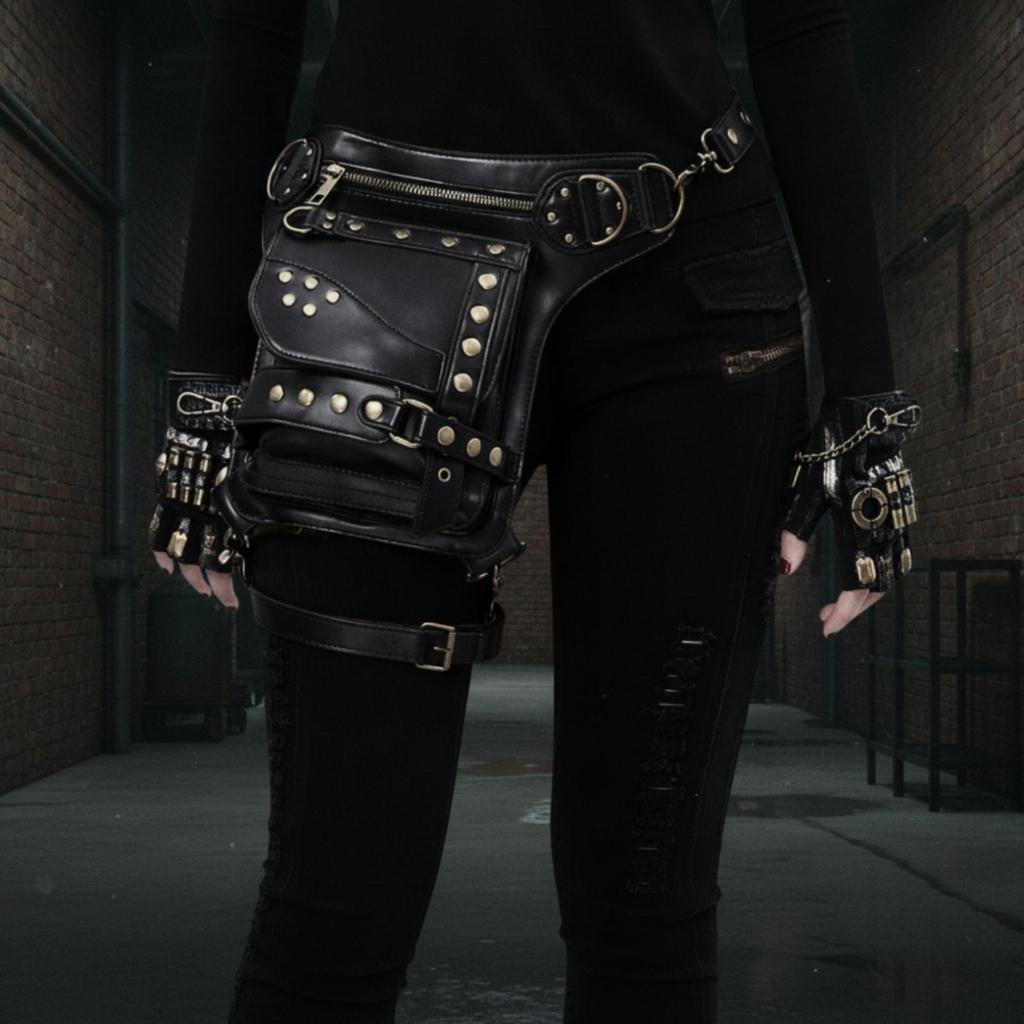Waist Bag with Belt Steampunk Leg Strap Biker Themed Fanny Pack for Bikers,
