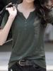 Women's 2024 Summer Plus-Size Retro V-Neck Short-Sleeve T-Shirt - Solid Color, Simple, Versatile, and Trendy.