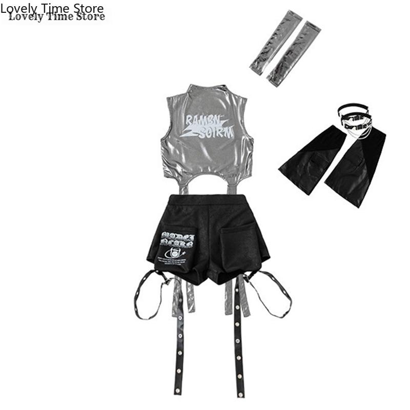 Girls Hip Hop Shiny Crop Top Pants Kids K-pop Jazz Shorts Dance Culottes Clothes Sets Children Streetwear Girl Group Costume