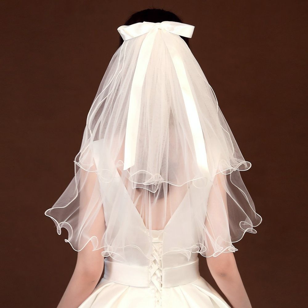 2PCS Elegant Double Layered Headband Bow Tied Wedding Gauze Head Covering Bride's Head Gauze  Party