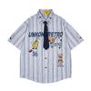 American Retro Fun Cartoon Embroidery Striped Tie Short-sleeved Shirt for Men and Women Couple Summer Loose Casual Shirt