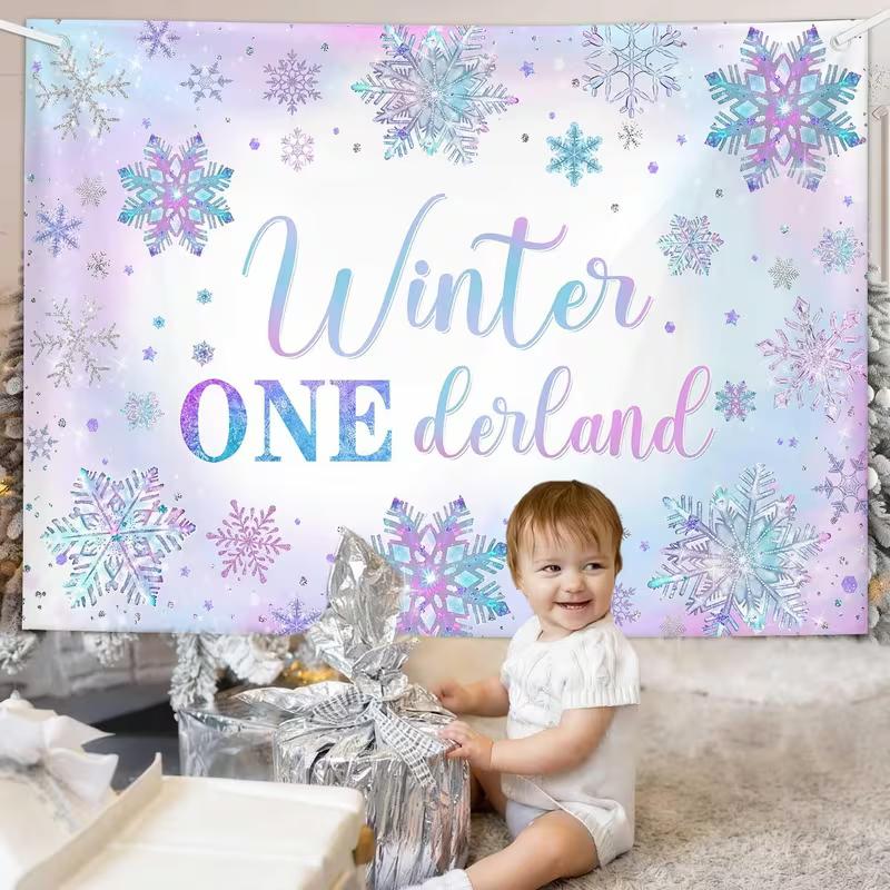 2D Printing Winter ONEderland Backdrop, Glitter Pastel Snowflake 1st Birthday Decor
