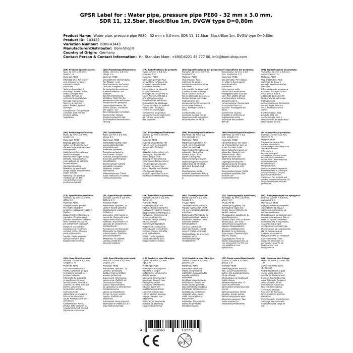 PE Pipe - BONI-SHOP® - PE80 32 Mm - 12.5 Bar - Wall 3.0 Mm - Drinking Water
