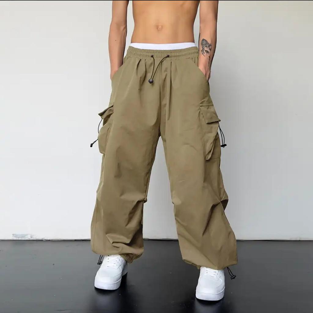 Men's and Women's Multi-pocket Overalls Couple Loose Tied Feet Solid Color Drawstring Casual Long Pants