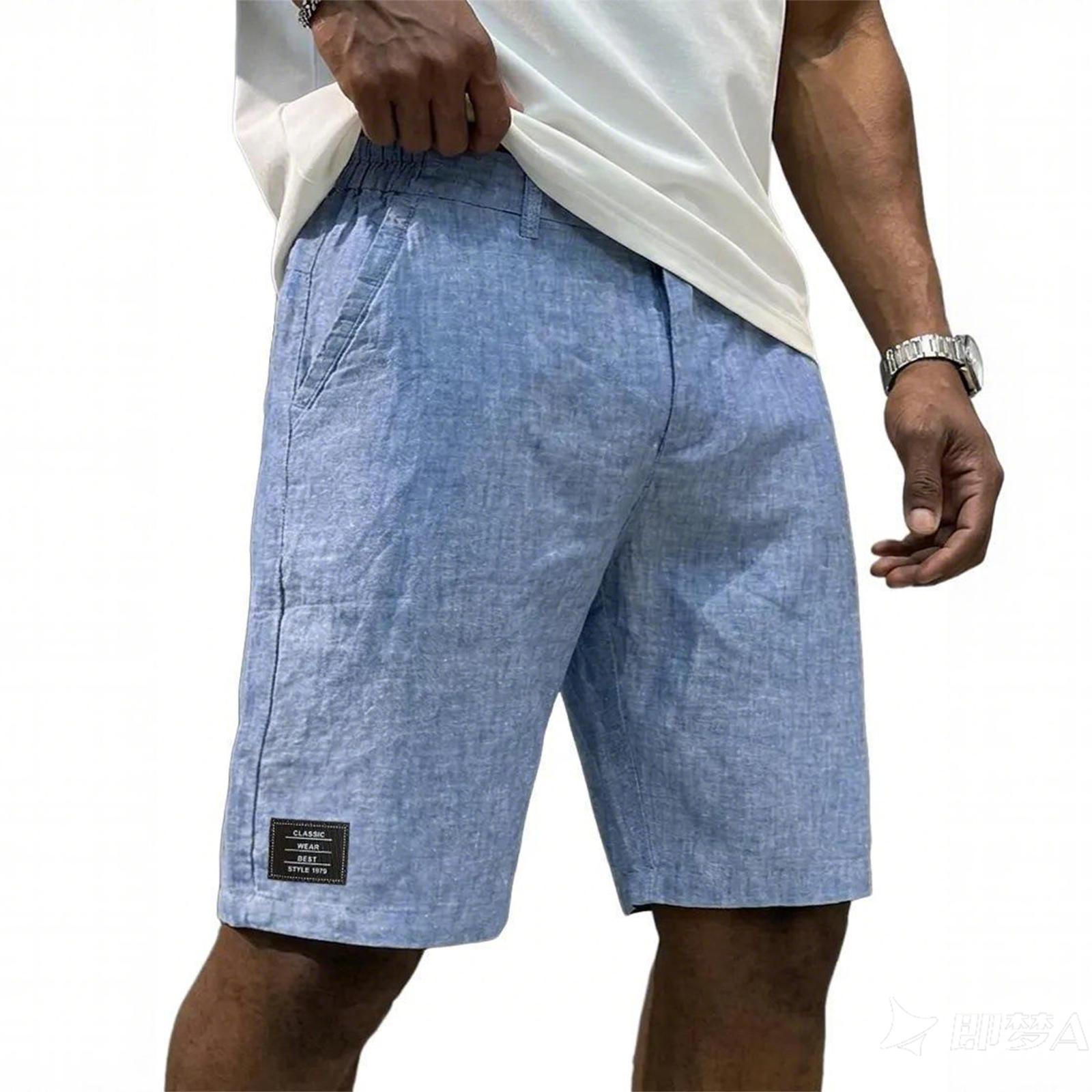 

Men Casual Linen Drawstring Shorts with Elastic Waistband and Classic Letter Patch Relaxed Fit Lightweight Breathable Summer Pants XL синий