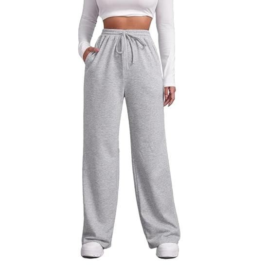 Women Wide Leg Pants Elastic High Waist Adjustable Drawstring Pure Color Long Sweatpants with Pockets Casual Lounge Pants Daily Wear