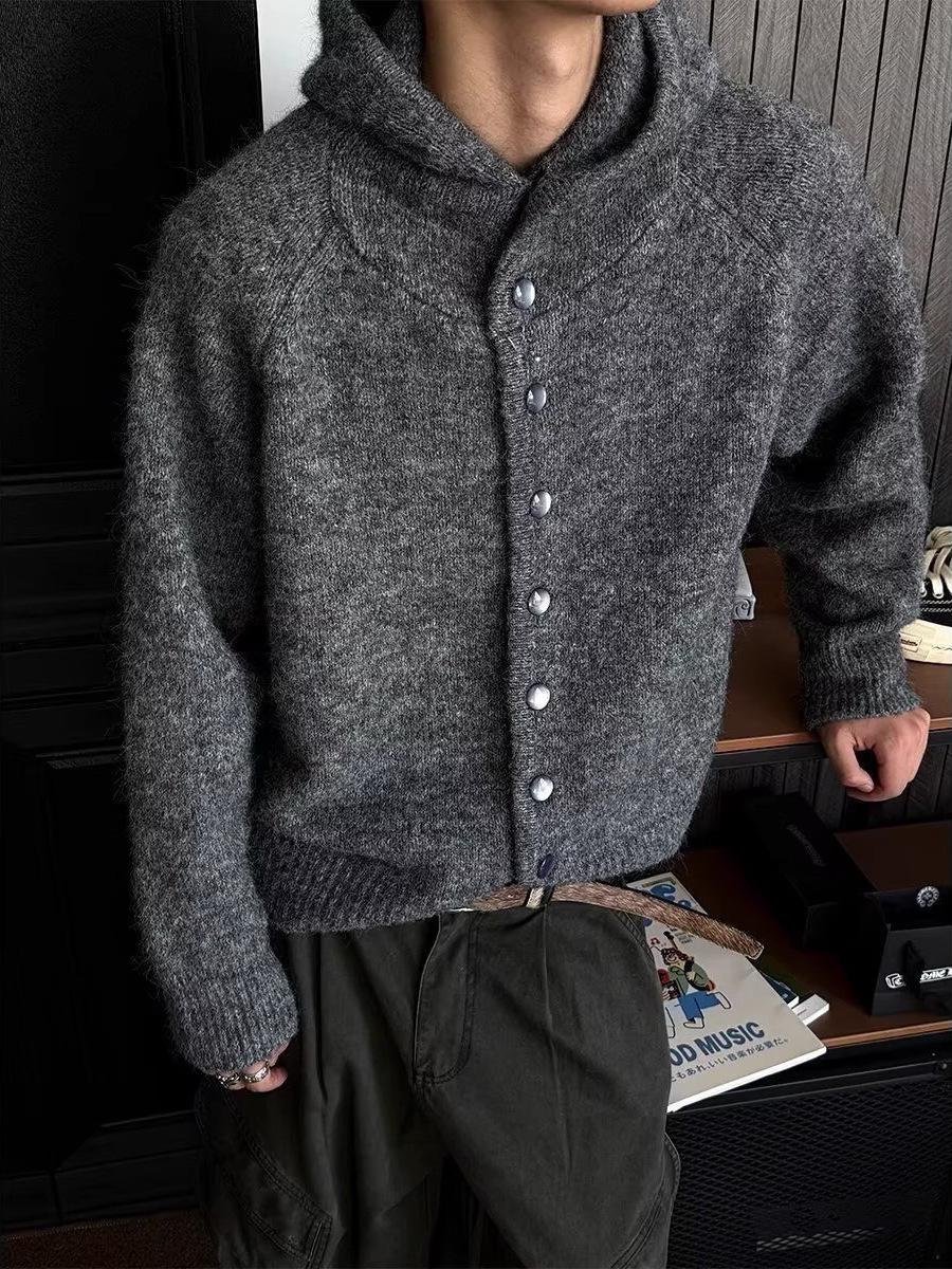 Unisex Thick Hooded Button-Up Knit Sweater, Cozy Loose Fit, Short Trendy Cardi M