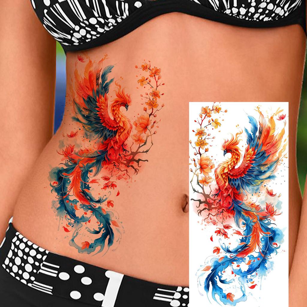 1 Sheet Phoenix Watercolor Temporary Tattoos For Women Girls Fake Covers Up Water Transfer Tattoo Sticker Adults Arm Waist Thigh
