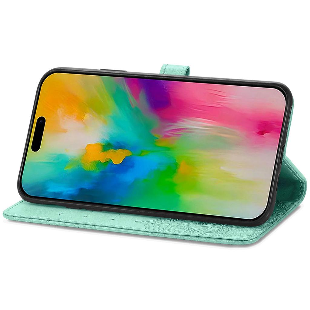 For iPhone 16 Case Embossed Mandala Pattern Leather Phone Cover Wallet Card Slot Holder