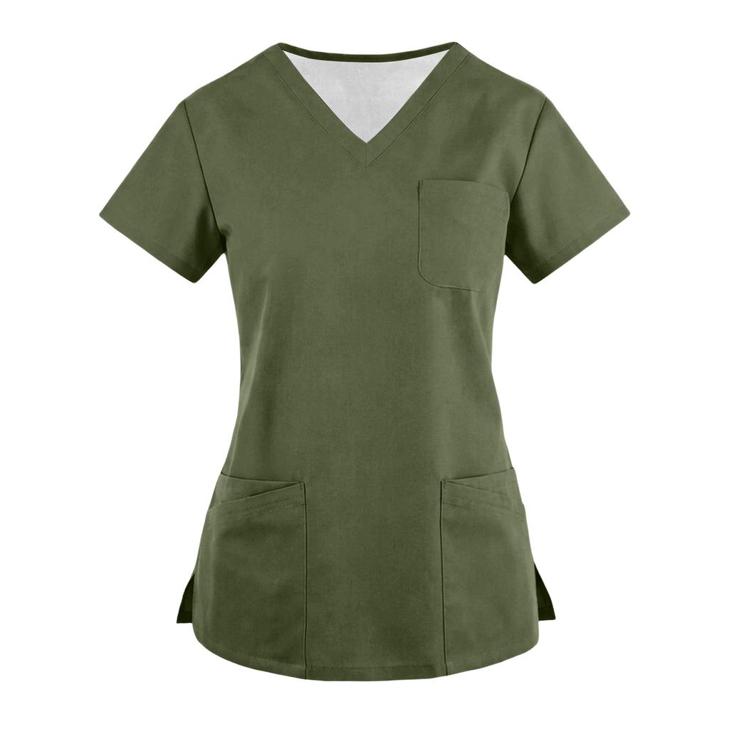 Women's Fashionable Loose-Fit Short-Sleeve V-Neck Pocket Blouse With Slit