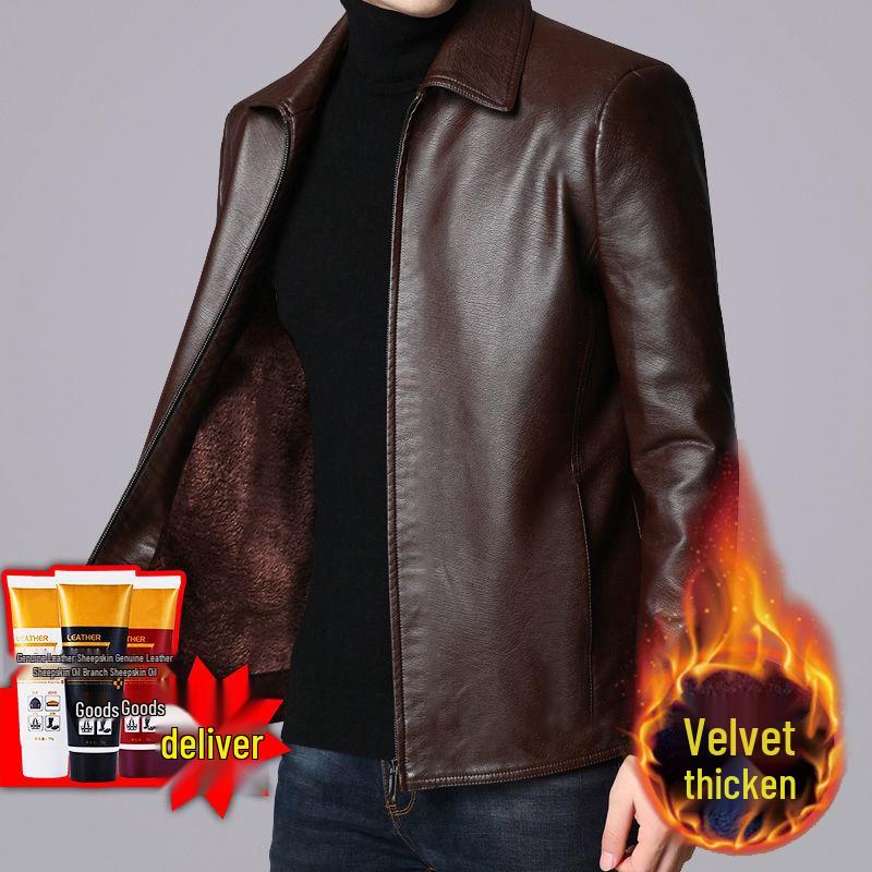2024 Men's Fleece-Lined & Thin Style Winter Leather Jacket for Middle-Aged and Elderly