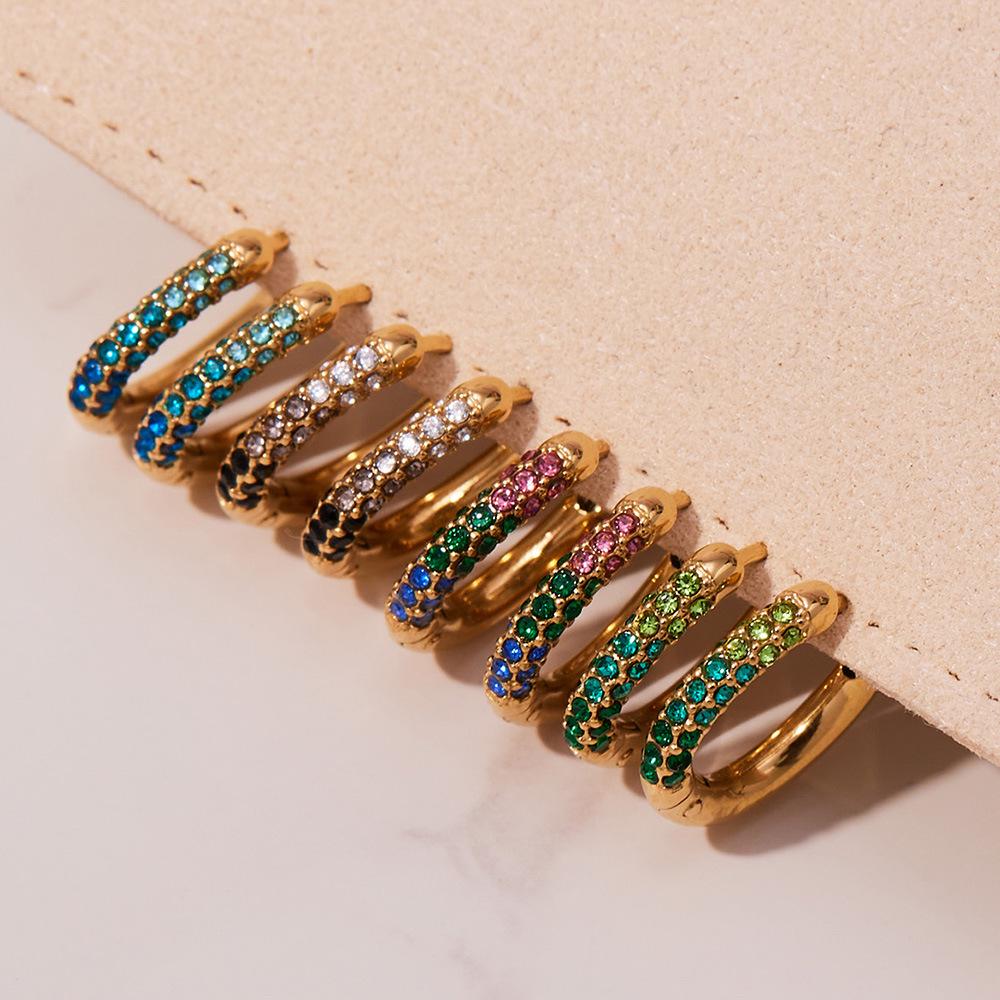 Qiong Yao 18k Gold Plated Stainless Steel Colorful Diamond Small Hoop Clip-on Earrings