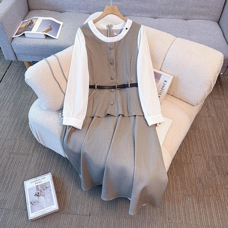 

Новое женское платье большого размера для весны и осени, с модным поясом на талии и лоскутным платьем-двойкой. 4XL