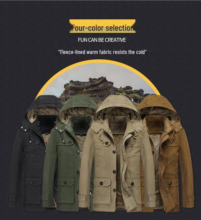 Men's Cross-Border Casual Fleece-Lined Cotton Jacket - Warm Mid-Length Trench for Autumn/Winter