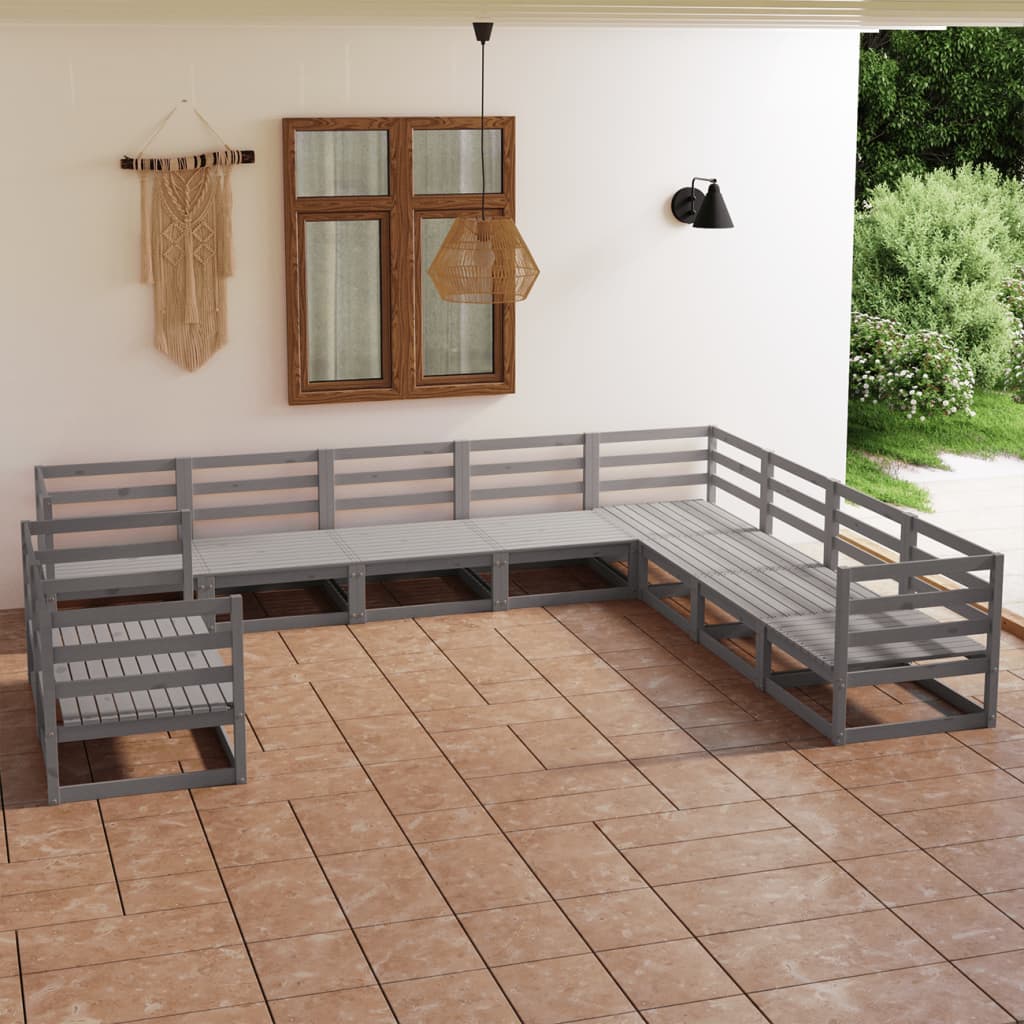10 Piece Garden Lounge Set Grey Solid Pine Wood