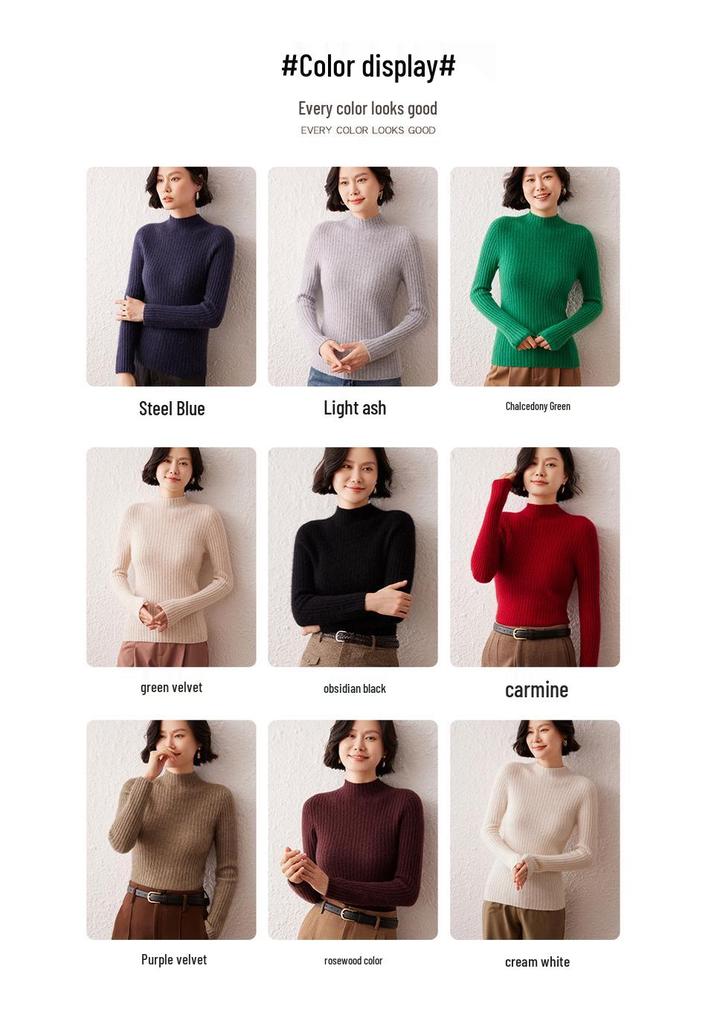 Slim-Fit Striped Cashmere Sweater for Women - Autumn/Winter 2026 Collection, Half-High Neck, Soft Solid Color Knitwear