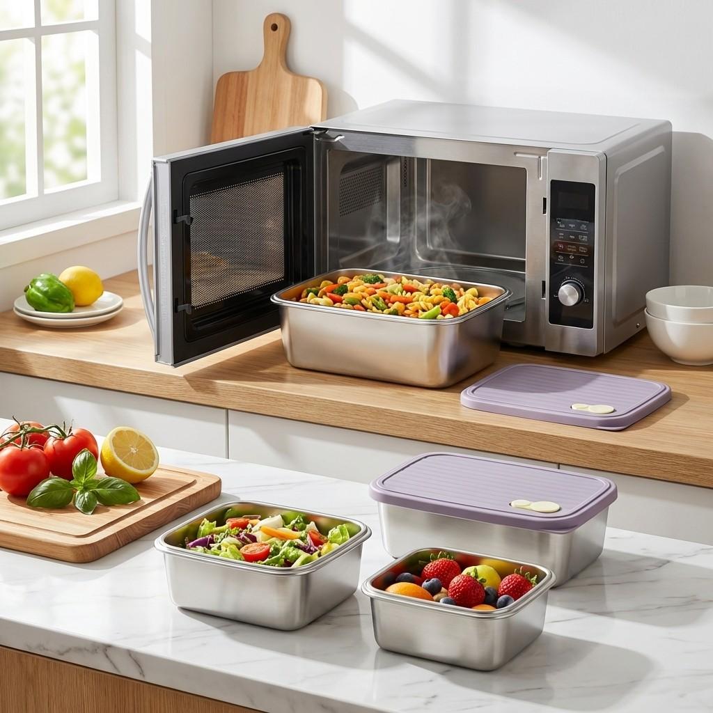 Stackable Fruit,Vegetable,Meat Food Container Durable Sealed 304 Stainless Steel Fresh-keeping Box Refrigerator&Microwave Safe