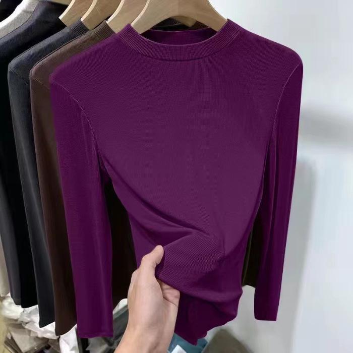 Tricou cu guler mic, față-verso din fleece, pentru femei, croială slim, cu mânecă lungă – Versatil pentru primăvară/toamnă, stil european, top cu nervuri