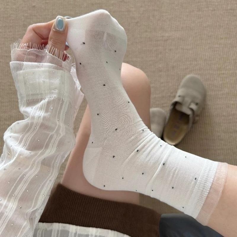 Women's Summer Thin Mesh Polka Dot Solid Color Lace Lace Cotton Boneless Tube Stack Socks