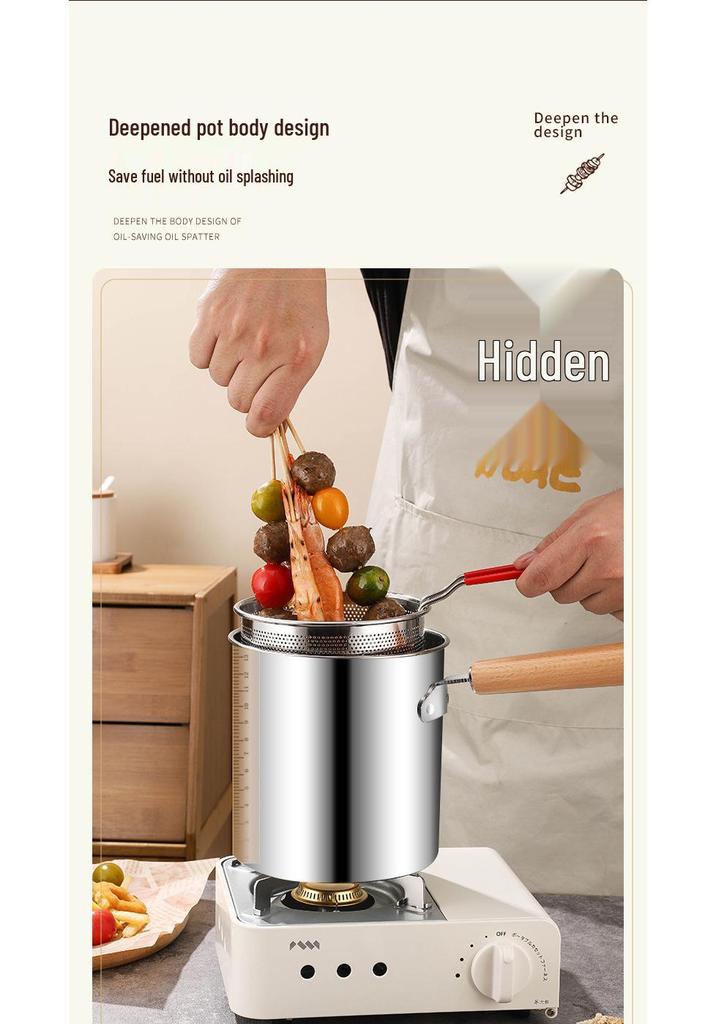 304 Stainless Steel Milk and Fry Pot with Wooden Handle and Filter Basket, Induction Compatible, Oil-Saving Deep Pot for Soup and Skewers.