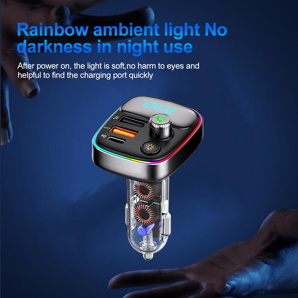 Bluetooth 5.3 FM Transmitter Car Charger Car Radio Modulator MP3 Player with 36W PD QC3.0  Quick Charge Adapter Colorful Lights