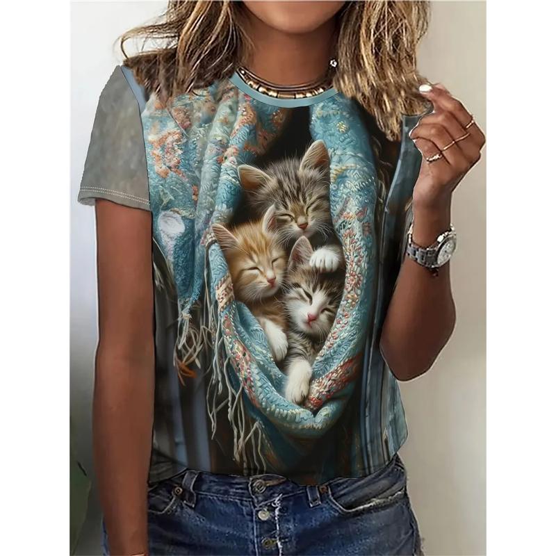 

2025 Women s T-Shirt Casual Fashion Short Sleeve New Funny Cartoon Animal Cat 3d Print T Shirt For Women Daily Top Tee 8XL