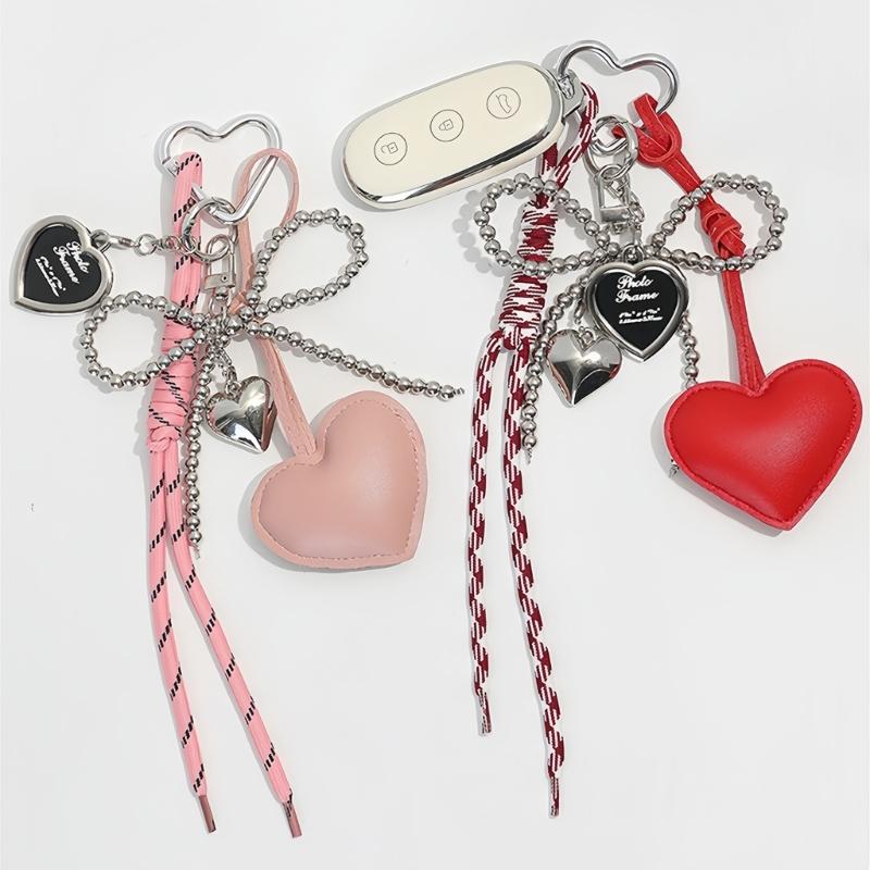 Gothic Silver Bead Bows Charm Heart Shaped Bag Accessory Fashion Bag Pendant Casual Keychain For Dark Style Lover