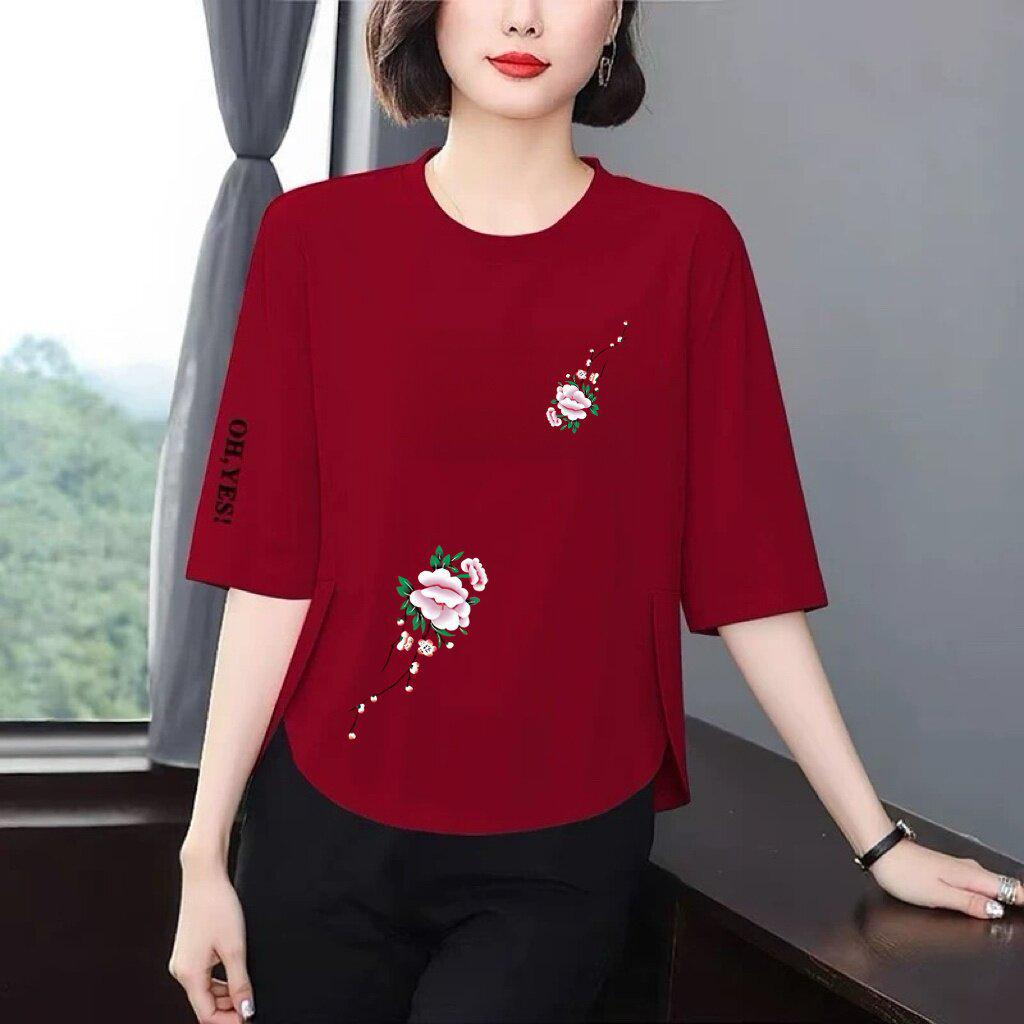 High-End Women's Printed 3/4 Sleeve T-Shirt - Loose, Flattering, Age-Defying Design for Middle-Aged and Elderly