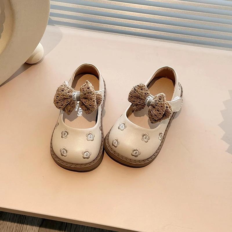 Autumn Girl's Mary Janes Flroal Shallow Bowknot Classic Kids Leather Shoes Matte Pu Leather Beige Brown Children Flat shoe 21-30